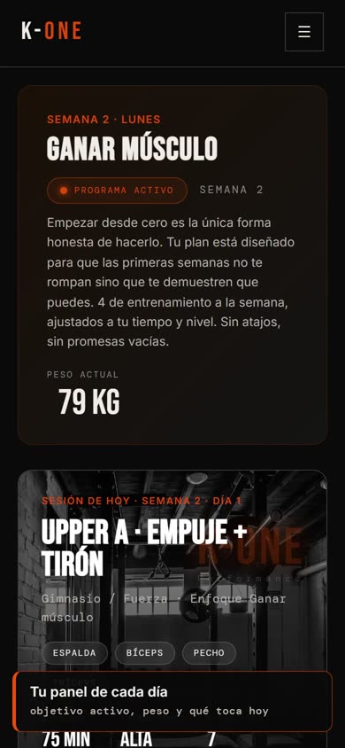 Vista previa del área de cliente de K-ONE: tu entrenamiento de hoy