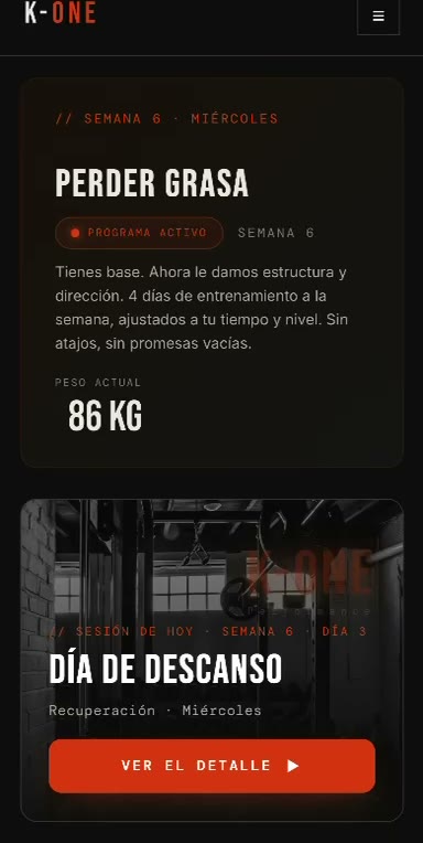 Vista previa del área de cliente de K-ONE: tu entrenamiento de hoy