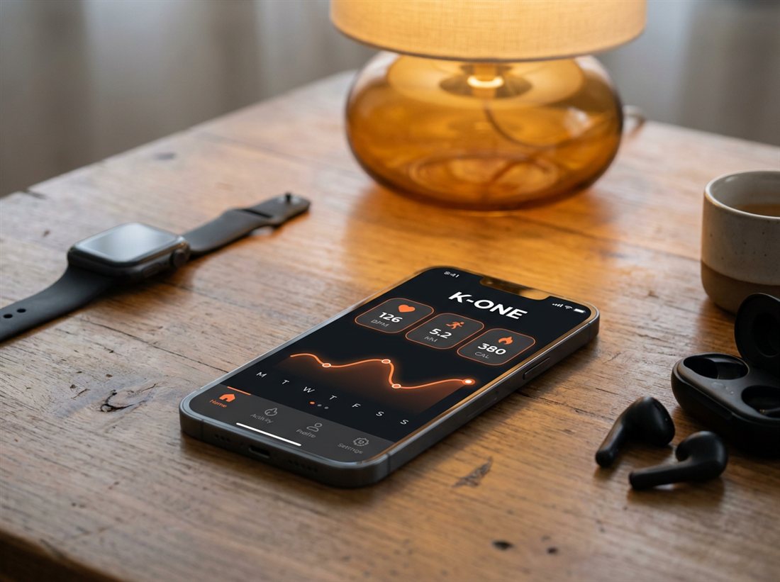La app de K-ONE mostrando tu panel: ritmo cardíaco, distancia, calorías y la evolución de la semana